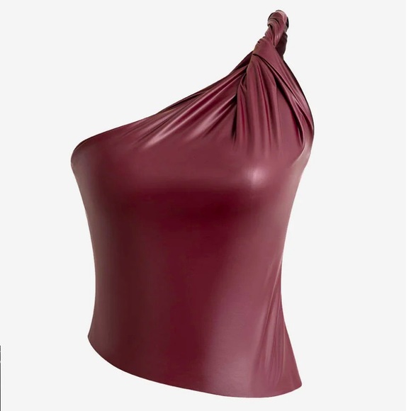 Micas Tops - Faux Leather Twist One-Shoulder Tank Top